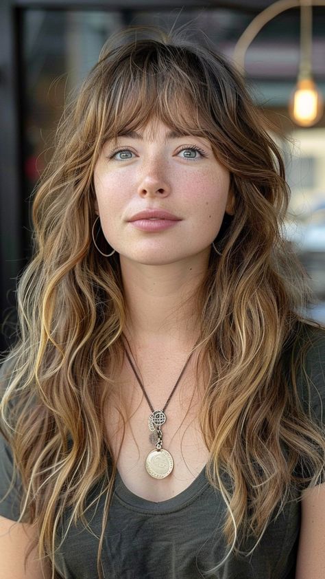 25 Long Hairstyles That Highlight Your Round Face Glow, Bangs For Round Face, Round Face Fringe, Round Face Haircuts Long, Round Face Haircuts, Hairstyles For Round Faces, Fringes For Round Faces, Long Layered Haircuts, Long Shag Haircut