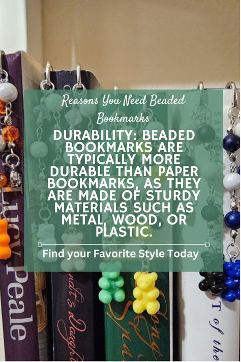 Gummy Bear Beaded bookmarks displayed hanging on a variety of books. With a quote that says "Reasons you need beaded bookmarks. Durability: Beaded Bookmarks are typically more durable than paper bookmarks as they are made of sturdy materials such as metal, wood, or plastic. Find your favorite style today! Ideas, Diy, Reading, Beading Tutorials, Beaded Bookmarks, Diy Bookmarks, Diy Beads, Book Accessories, Bookmark Craft