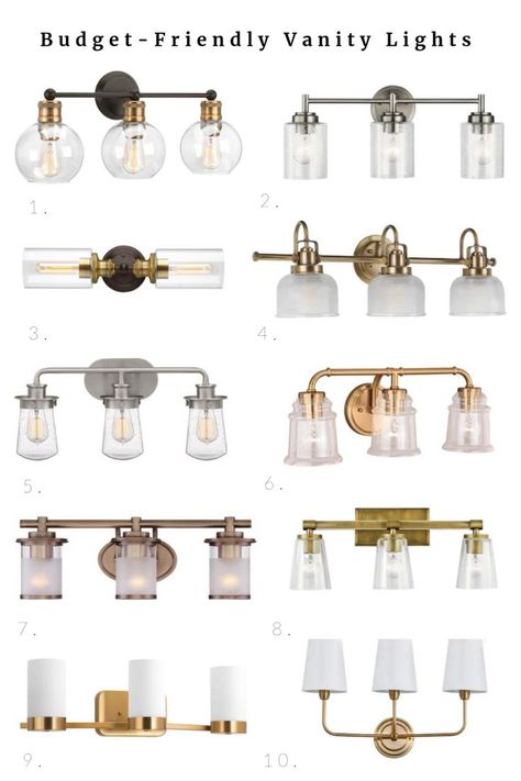 Budget-friendly lighting options for vanity lights. I recently installed two inexpensive fixtures in our bathroom refresh! Here are some of the other budget-friendly lighting options from Lowe's Home Improvement I'm loving! From vanity lights, to overhead fixtures, and sconces these all come at great prices. #sponsored #LowesPartner #lighting #bathroomlighting #vanitylights Guest Bathroom Vanity Lighting, Over Vanity Bathroom Lighting, Guest Bathroom Light Fixtures, Over Sink Lighting Bathroom, Bathroom Vanity Lighting Over Mirror, Bathroom Vanity Lights Over Mirror, Bathroom Over Sink Lighting, Bathroom Vanity Lights, Bathroom Sink Lights