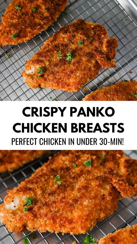Crispy Panko breaded pan-fried chicken breasts Baked Chicken, Turkey, Chicken, Pasta, Backen, Koken, Yum, Juicy, Easy Chicken