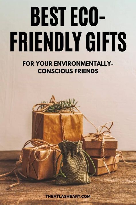 A pile of gifts wrapped in brown paper and burlap on a rough wood table, with the text overlay, "Best Eco-Friendly Gifts." Gift Ideas, People, Friends, Diy, Ideas, Sustainable Gifts, Eco Friendly Gifts, Eco Gifts, Environmentally Friendly Gifts