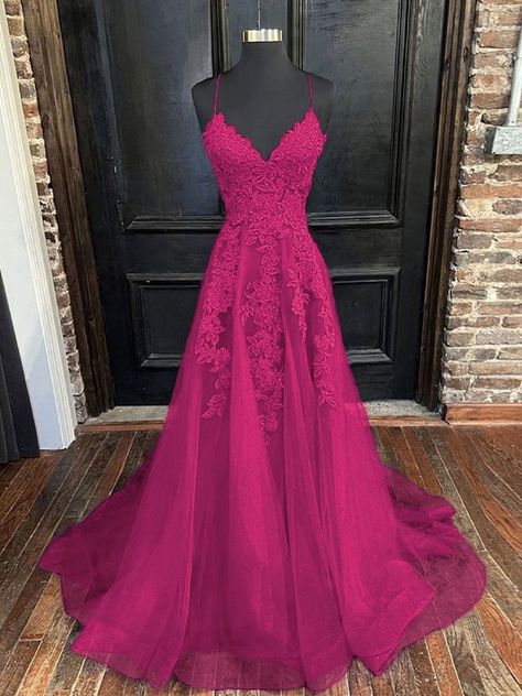 A-Line/Princess Tulle Applique V-neck Sleeveless Sweep/Brush Train Dresses - Hebeos Tulle, Prom Dresses, Wedding Dress, Sweep Train Prom Dress, Tulle Prom Dress, Magenta Prom Dress, Poofy Prom Dresses, Unique Prom Dresses, Prom Dresses Online