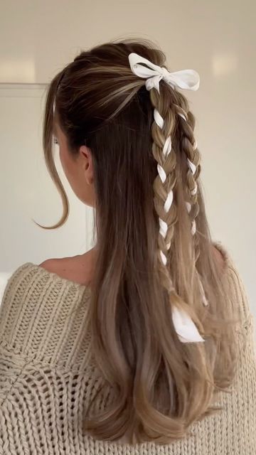 Plaited Hairstyle, Prom Hairstyles, Braided Hairstyles, Pretty Braided Hairstyles, Braided Half Up Half Down Hair, Hairstyles With Ribbon, Hairstyles With Headbands, Braided Hairstyle, Braids For Girls
