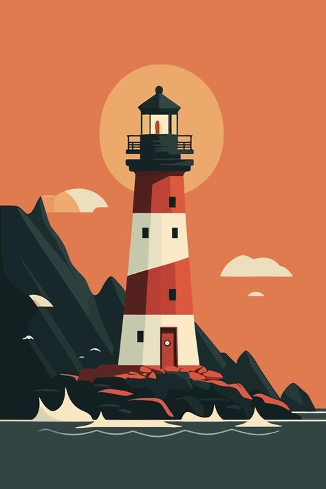 Lighthouse on the rocks. Vector illustration in flat cartoon style. Flat Design, Design, Boat Illustration, Lighthouse Art, Lighthouse Drawing, Lighthouse Painting, Lighthouse, 2d Art, Illustration Design Poster