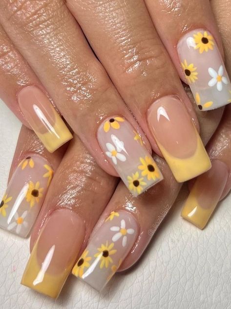 baby yellow French tips with tiny sunflowers Acrylics, Acrylic Nail Designs, Biscuits, Yellow Nails Design, Cute Acrylic Nail Designs, Sunflower Nail Art, Cute Acrylic Nails, Plain Nails, Square Nails