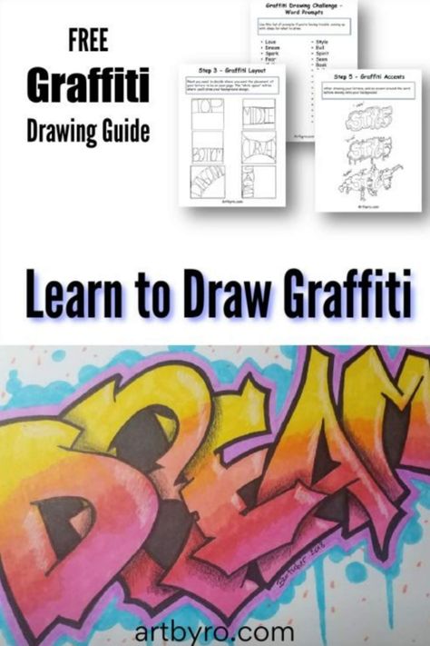Learn how to create graffiti drawings. Easy beginner drawing lesson with free printable graffiti guide. Step by step art tutorial with pictures. #freebie #printable Art Lesson Plans, Graffiti, Art Lessons, Art Projects, How To Graffiti, Easy Graffiti, Teaching Art, Easy Graffiti Drawings, School Art Projects