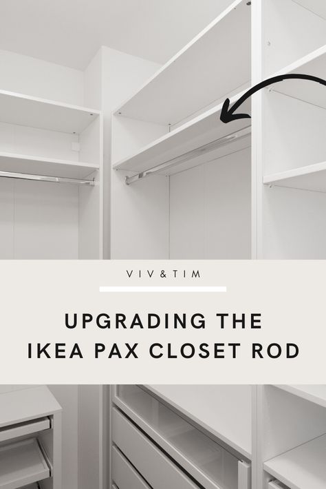 An easy, inexpensive upgrade to the Ikea PAX closet rod for a higher end look! Chrome oval closet rod solution from Amazon that works for any closet, not just the PAX. White walk-in wardrobe, narrow closet solutions, closet clothing rod ideas. #ikeapax #closetideas #closetrod Ikea, Interior, Dressing, Layout, Ikea Hacks, Closet Hardware, Closet Rods, Ikea Closet Hack, Closet Hacks