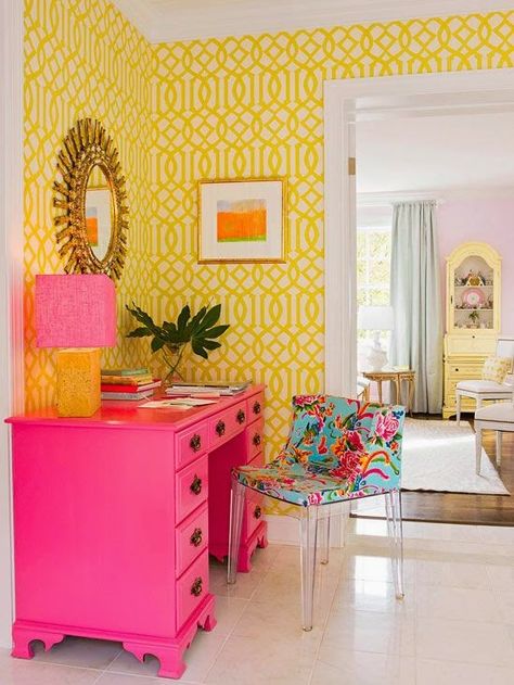 If you desire a bright, cheerful, yet feminine room....the pink and yellow combination may be just what you are looking for. This combina... Home Office, Décor, Interior, Home Décor, Decoracion De Interiores, Deco, Arredamento, Interieur, Pink Home Office