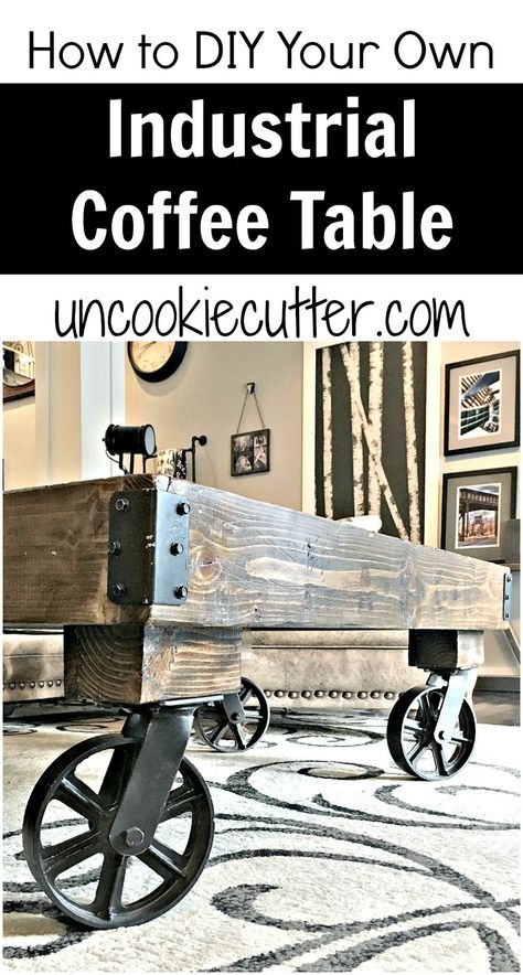 I updated this popular industrial coffee table to make it couch height. Stop by the blog to get all the details on this build and more at UncookieCutter! Industrial, Industrial Furniture, Vintage Industrial, Industrial Coffee Tables, Industrial Coffee Table, Coffee Table With Wheels, Diy Coffee Table, Diy Industrial Furniture, Industrial Furniture Table