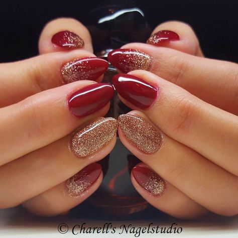 Dark Red with Rosé Gold Glitter Nails Gold Nails, Glitter, Shellac, Red And Gold Nails, Red Nails, Gold Glitter Nails, Rose Gold Nails, Red Nails Glitter, Rose Gold Nails Glitter