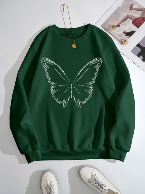 Dark Green Casual Collar Long Sleeve Fabric Slogan,Butterfly Pullovers Embellished Non-Stretch  Women Sweatshirts Outfits, Casual, Clothes, Clothing, Trendy Hoodies, Women Hoodies Sweatshirts, Cute Jackets, Stylish Hoodies, Sweatshirt Outfit