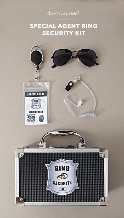 Make your own special agent style ring security kit for your ring bearer! Ring Security Wedding, Ring Security, Ring Bearer Security, Ring Boy, Ring Bearer, Ring, Ringe, Special Agent, Ring Bearer Wedding