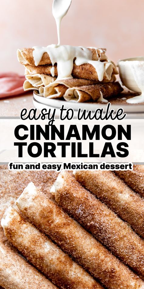 A quick and easy Mexican dessert recipe starts with a flour tortilla. Warm it up with some butter and sprinkle of sweet cinnamon sugar. Drizzle with some cream cheese glaze, fudge, or cajeta. These little treats will please the entire family! So much easier than a churro and just as tasty! Essen, Cinnamon Sugar Tortilla Chips, Cinnamon Sugar Tortilla, Flour Tortilla Cinnamon Sugar Chips, Tortilla Cinnamon Roll Bites, Cinnamon Tortilla Dessert, Easy Churros Recipe, Flour Tortilla Desserts, Cinnamon Roll Tortilla Bites