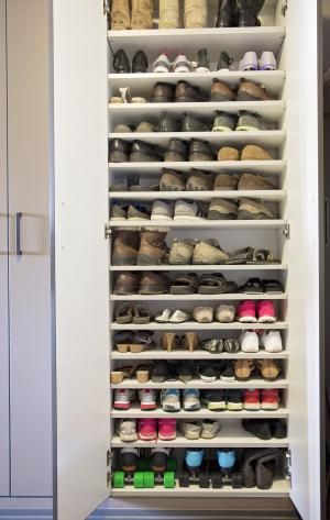 7 ideas to get your garage's shoe pile under control: Hidden behind doors Shoe Cabinets, Storage Ideas, Garage Shoe Storage, Shoe Storage Cabinet, Entryway Shoe Storage, Storage Shelves, Closet Shoe Storage, Diy Shoe Rack, Best Shoe Rack