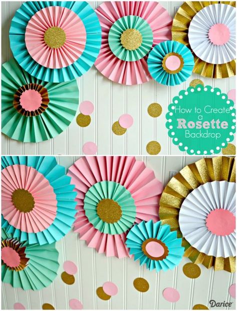 How to Make Paper Rosettes For a Party Backdrop                              … Banners, Paper Flowers, Diy, Crafts, Paper Pinwheel Backdrop, Paper Fans Decoration Backdrops, Paper Rosette Backdrop, Paper Decorations Diy, Paper Fans