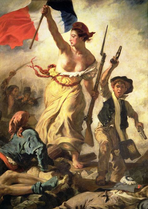 Detail, "Liberty Leading the People", Delacroix, 1830, oil on canvas, 260 x 325cm, Louvre. Liberty leads the charge, grasping the tricolour in one hand and a rifle in the other. She's flanked by a pistol-wielding boy as they push across the Seine to City Hall. Museums, Eugene, Historia, Romanticism, Ferdinand Victor Eugène Delacroix, Eugène Delacroix, Louvre, Fotografie, Literatura