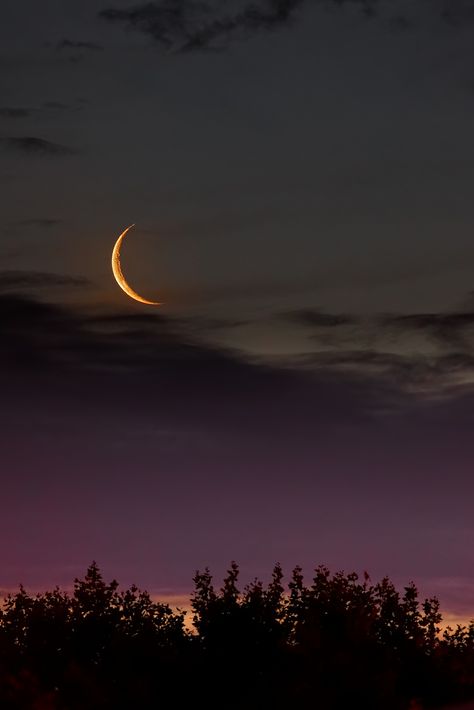 A young 2 days old moon seen after sunset. If the moon looks inverted it's because the shot was taken in the South Hemisphere. Cer Nocturn, Matka Natura, Shoot The Moon, Belle Nature, Moon Pictures, Good Night Moon, Beautiful Moon, Moon Magic, Alam Yang Indah