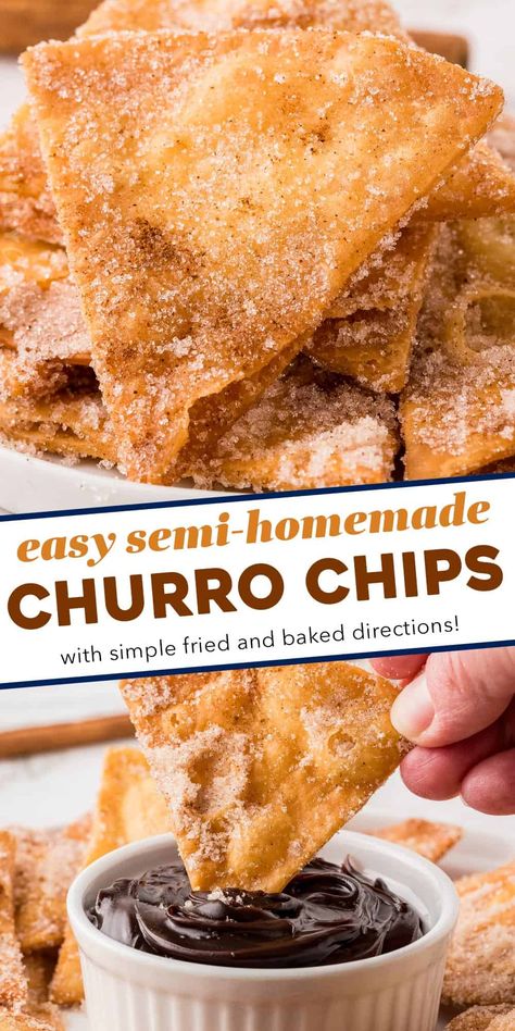 Everything you love about churros, in fun and snack-able chip form! These churro chips are perfect for dipping, or used as a base for some Mexican-style dessert nachos! With both fried and baked directions, you can find a method that works best for you. Diy, Apps, Dessert, Desserts, Pie, Snacks, Mexican Food Recipes, Chips Recipe, Churro Chips
