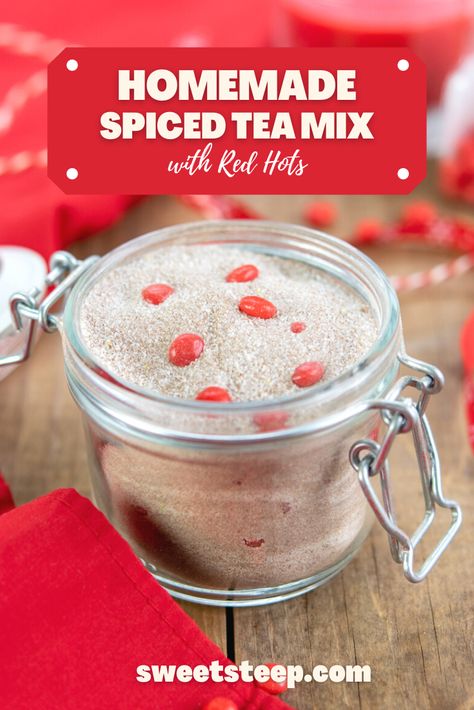 Quick and easy spiced tea mix recipe with orange Tang, tea, lemonade, spices and red hots. Perfect for Christmas gift-giving. It only takes minutes to mix together and powder in a blender or food processor. Tastes delicious, too! #spicedtea #recipewithtang #redhots #christmastea #recipe #mixrecipe #homemade #russian #tea Brunch, Dessert, Desserts, Snacks, Ideas, Spiced Tea Recipe With Tang, Spiced Tea Mix Recipe, Spice Tea Mix, Spiced Tea Recipe