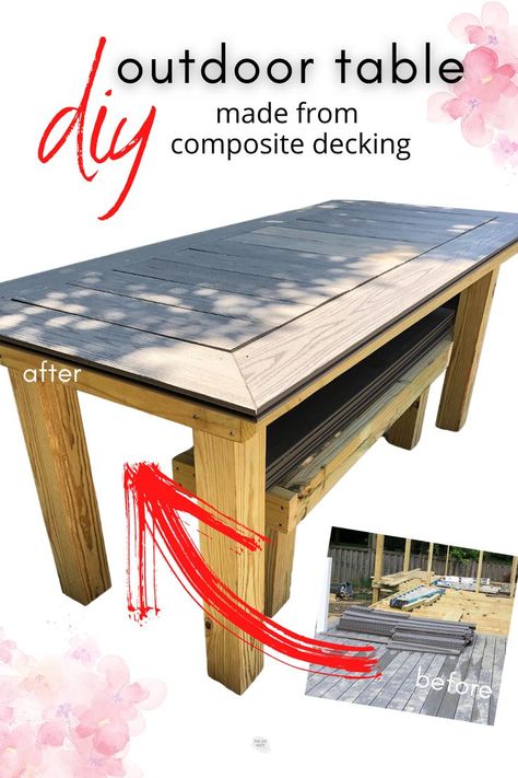 Build an outdoor table with composite decking tabletop. This outdoor DIY table idea is the perfect way to use up your leftover composite or Trex decking. Outdoor, Decks, Diy Patio Table, Outdoor Dining Table Diy, Diy Patio Furniture, Diy Outdoor Table, Outdoor Table Tops, Outdoor Patio Table, Diy Outdoor Bar