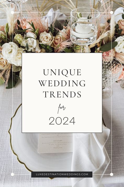 ✨ Create magic for your upcoming wedding with our 2024 Wedding Trend Predictions. Plan a timeless and elegant wedding with a modern twist, sure to wow your guests! ✨ Elevate your wedding dreams with our trendsetting insights for 2024! ✨💍💫 #2024WeddingTrends #2024DestinationWedding #WeddingTrends2024 #LuxuryDestinationWeddings #SayIDoinStyle #BridalInspiration Elegance Wedding Decorations, Latest Wedding Decor Trends 2023, Wedding Trends For 2020, Upcoming Wedding Trends, Modern Wedding Colours, Modern Minimalist Wedding Theme, 2024 Wedding Inspiration, Wedding Things To Buy, Most Unique Wedding Ideas