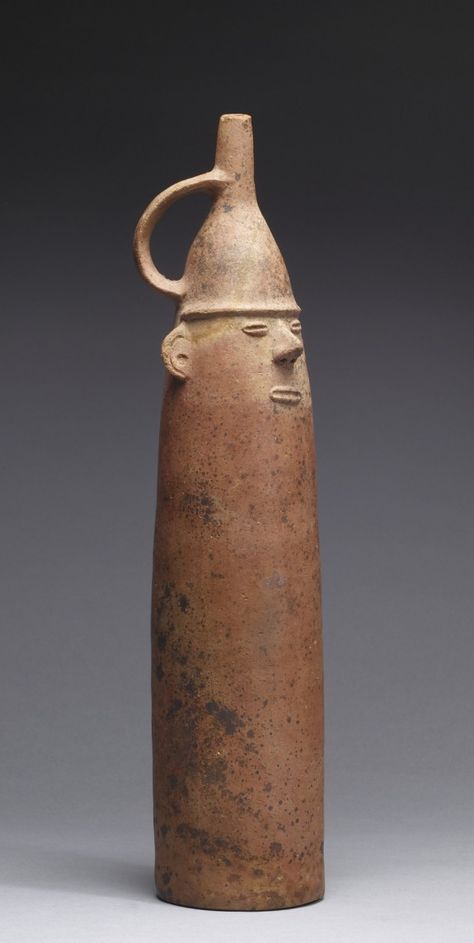 Figurative Bottle, Salinar, 200 BC - 100 AD, ceramic orangeware, Peru. "The Salinar ceramics largely carries on the traditions of the Cupinisque ceramics. What is missing from the Salinar vessels, however, is the artistic elegance of the Cupinisque ceramics. It has been replaced by fresh directness. The sculptural decorative motifs of the Salinar ceramics were animals and people..." Teotihuacan, Ceramic Art, Ceramics, Ceramic Sculpture Figurative, Ceramic Bottle, Ceramic Figures, Ceramic Artists, Ceramic Vessel, Pottery Art