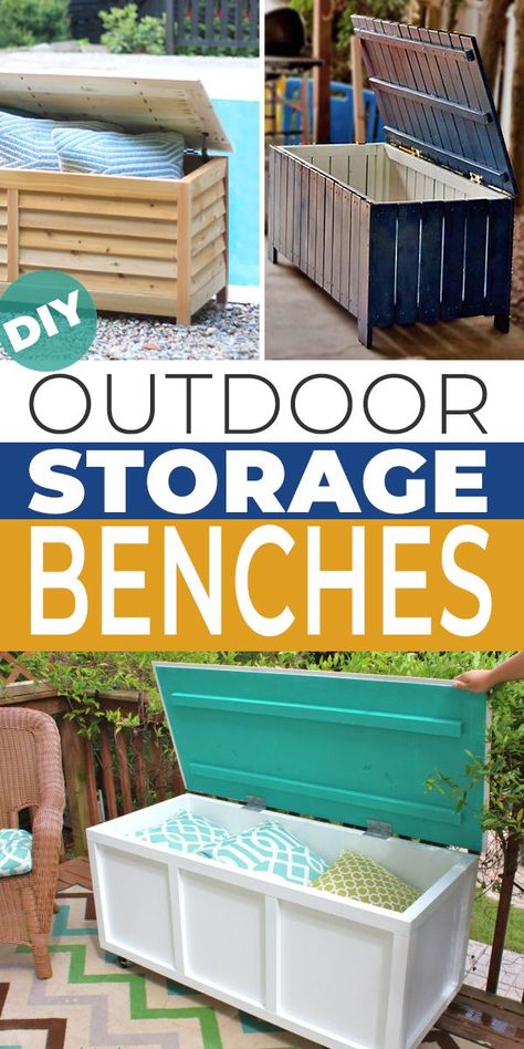 Pick one of these, and make your own DIY outdoor storage bench for your backyard! Check out all these great storage bench ideas, projects and tutorials! backyard ideas, storage, organizing… More Diy Storage Outdoor, Diy Outdoor Storage Bench, Storage Bench Ideas, Deck Storage Bench, Porch Projects, Patio Cushion Storage, Patio Storage Bench, Diy Outdoor Cushions, Diy Outdoor Storage