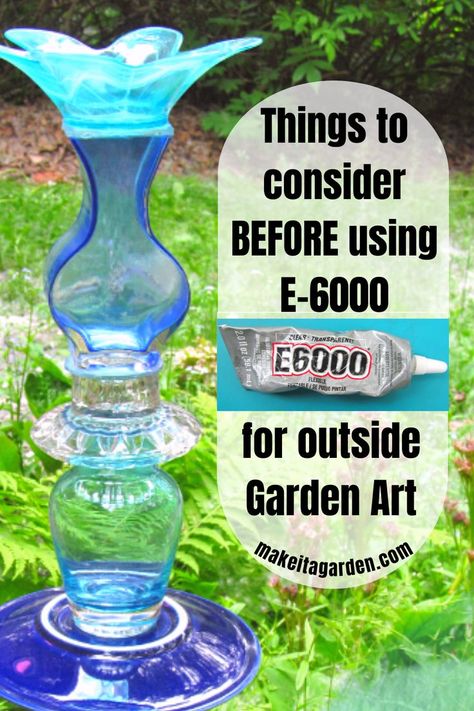 Garden Totem art piece made by stacking blue glass jars one on top of the other to form a tower Crafts, Gardening, Yard Art, Best Glue For Glass, Glass Bird Feeders, Glass Glue, Recycled Yard Art, Recycled Garden Art, Glassware Garden Art