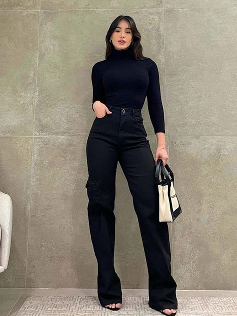 Preto  Collar  Jeans  Perna flare / alargada,Perna Larga Embellished Não elástico Fashion, Outfits, Style, Black Work Outfit, Outfit, Girl Outfits, Styl, Stylish Outfits, Moda