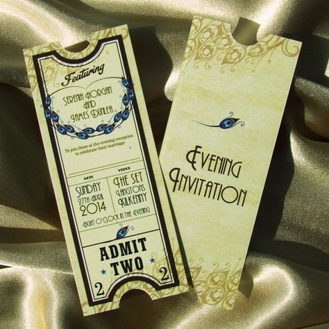 1920's 'All that Jazz' Retro Evening Invitations in the style of an old cinema ticket from sharetheDay.ie don't you just love It! Our creations can be personalised to any design color and theme Change it to anything you want! We are here to help you! This can be modified into a Main Invitation also! With a perforated tear off RSVP we have a new design to upload soon so keep an eye out, get pinning :) website sharetheday.ie Contact us on 051 334926 M 087 4198126 for more information. Retro, Ideas, Jazz, Invitations, Prom Tickets, Cinema Ticket, Old Hollywood Prom, Prom Ticket Design, Old Hollywood Wedding
