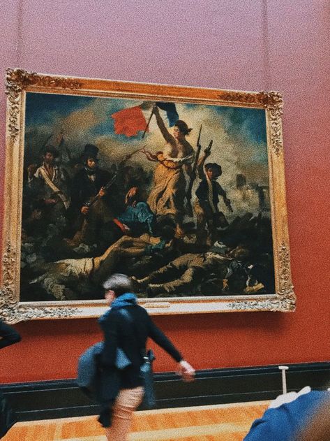 Liberty Leading the People is a painting by Eugène Delacroix commemorating the July Revolution of 1830, which toppled King Charles X of France and this is a photo of that painting in the Louvre museum in Paris, France and a blurry person to be cool and aesthetic Art, History, Museums, Louvre, Museum, Francophile, Stock Photos, Artwork, Photo