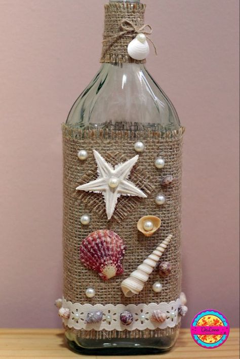 Painting Bottles Diy Ideas, Beach Crafts Diy, Seashell Projects, Decorated Bottle, Glass Bottle Diy, Diy Glass Bottle Crafts, Shell Crafts Diy, Diy Bottle Crafts, Wine Bottle Art