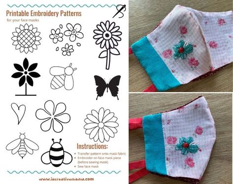 Free Printable Embroidery Template for Face Masks - La creative mama Sewing, Diy, Embroidery Designs, Sewing Tutorials, Embroidery Patterns, Ideas, Art, Sewing Projects, Diy Sewing