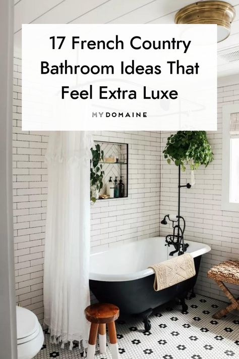 Every bathroom deserves to be dressed to the nines, and these French country bathrooms are just that. Here's how to get a luxe look with these bathroom ideas. #FrenchCountryBathroom #FrenchCountryDecor #FrenchCountryDesign #MyDomaine Interior, Design, Highlands, Southern Bathroom Ideas, Country French Bathroom Ideas, French Country Bathroom Small, Country Bathroom Designs, French Country Shower Ideas, French Country Small Bathroom