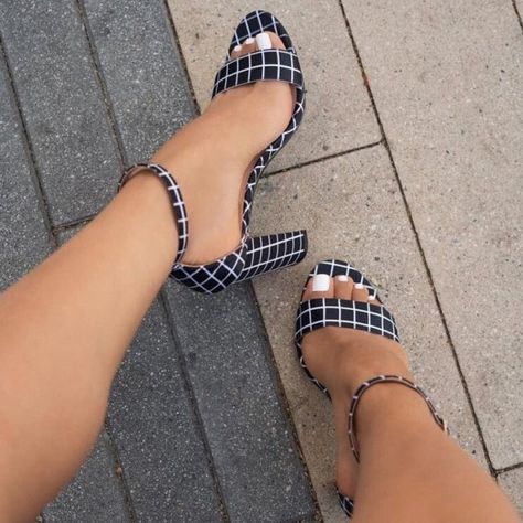 Black and White Plaid Chunky Heels Open Toe Ankle Strap Sandals for Music festival, Ball, Date, Anniversary, Going out | FSJ Pumps, Converse, Flats, Shoes, Outfits, Shoes Heels, Wedge Boots, Block Heel Shoes, Heel Accessories
