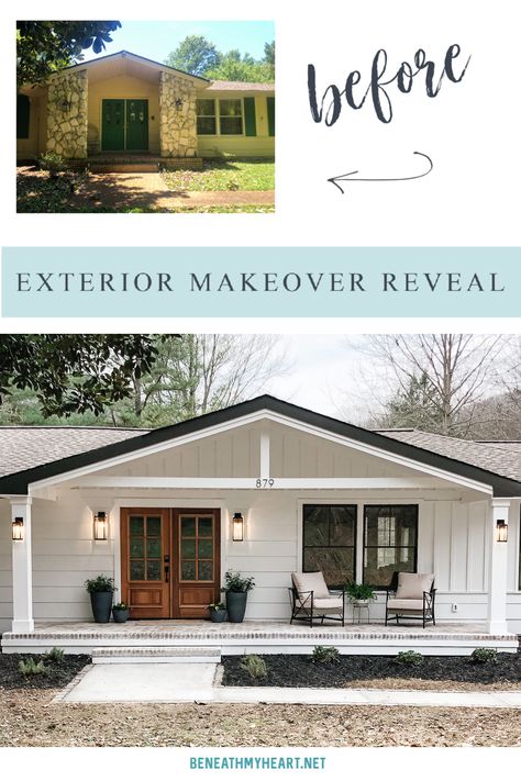 Check out the amazing before and after pictures of the 1970's exterior makeover!  @lowes #exteriormakeover #homemakeover #fixerupper #lowespartner #sponsored #frontporch #makeoverreveal #modernfarmhouse Exterior, Modern Farmhouse, Home Décor, Exterior House Remodel Before And After, Exterior Remodel Before And After, Ranch Exterior Makeover Before After, Farmhouse Remodel Before And After, Brick Ranch Remodel, Double Wide Exterior Makeover