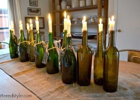 DIY Wine Bottle Candle Holders 217x155 8 Ways to Wow Your Friends with Recycled Wine Bottles Wine Bottle Crafts, Wine Bottle Candle Holders Diy, Wine Bottle Candle Holder, Wine Bottle Diy, Wine Bottle Candles, Bottle Candle Holder, Bottle Candles Diy, Candle Stand, Glass Bottle Candles