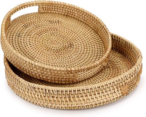 Amazon.com: Hipiwe Rattan Serving Tray with Handles Handmade Woven Basket Tray Home Decorative Organizer Tray, Breakfast, Tea, Snack, Fruit, Coffee Storage Tray, Set of 2 (Round) : Home & Kitchen Serving Trays, Instagram, Round Serving Tray, Serving Trays With Handles, Coffee Table Tray, Rattan Coffee Table, Bread Serving Basket, Rattan Tray, Dinner Tray