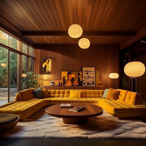 OSAKA LIVING ROOM — Dan O'Kelly | Studio 70s Living Room Blue Couch, Eclectic Spanish Decor, Mcm Wood Paneling Living Room, Interior Design Accent Color, 70s Inspired House Decor, 1979 Home Decor, Exposed Brick Decor, 1960s Home Exterior, 80s Home Interior