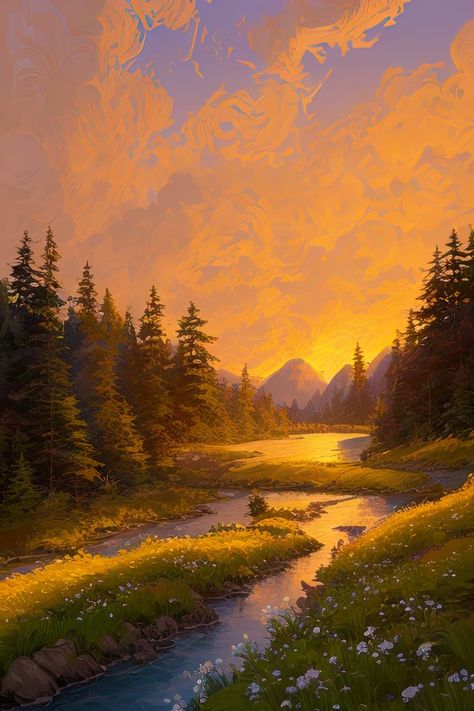 A charming golden sunset casting its warm glow over a serene forest, a captivating display of nature's enchantment. Kawaii, Fantasy Landscape, Fotos, Kunst, Drawing Sunset, Beautiful Landscapes, Paisajes, Nature Drawing, Forest Art