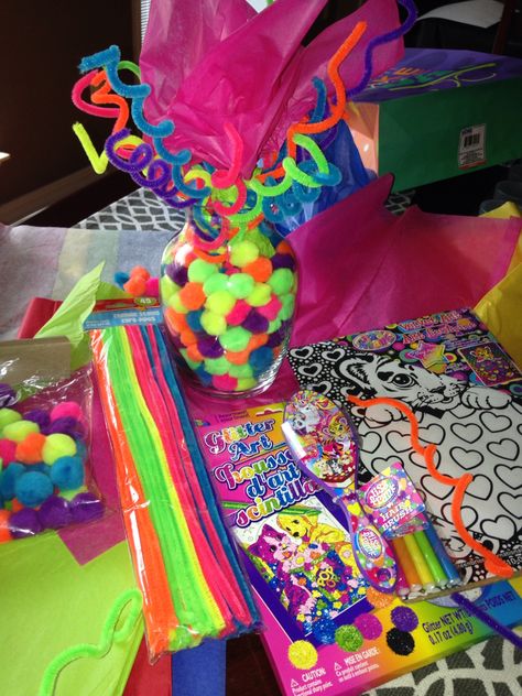 LISA FRANK Centerpiece or decoration!! Ladies/ and gents this here is my creation for a beautiful and very colorful and Fun table centerpiece! You need the following 1. Chenille Stems (cleaning pipes) 2. Pompoms  3. A Vase 4. Tissue paper  **all at the dollar store  Twist the pipes around your pointing finger and pull off !! Party Ideas, Glow Party, Neon, Diy, Decoration, Party Decorations, Tissue Paper, Party Event, Birthday Party Decorations