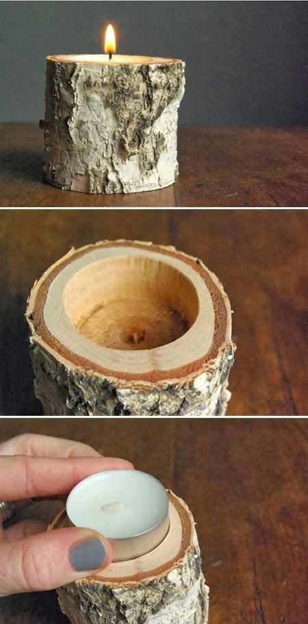 A nice inspiration with this candle holder made from a piece of Birch wood. We do not have the instructions, but it does not seems so difficult to make! On our to-do list :) [symple_toggle title="More information" state="closed"] Website: Kirstie… Candles, Diy, Decoration, Diy Crafts, Home-made Candles, Diy Candle Holders, Log Candle Holders, Wood Candle Holders, Diy Candles