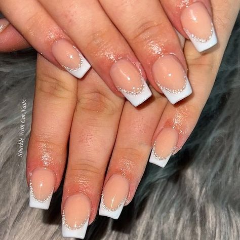 Square Nails, Glitter Tip Nails, French Tip Nails, White Sparkle Nails, French Tip Acrylic Nails, White Nails With Glitter, Acrylic Nails Coffin Short, Acrylic Nail Designs Glitter, Nails Inspiration