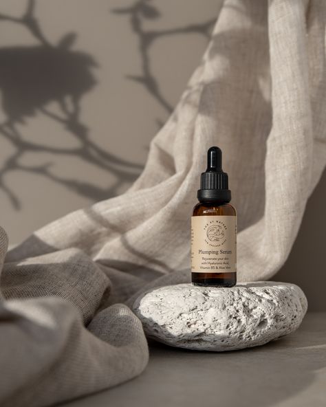 Natural Skincare Product Photography and Styling for Fox by Nature. Roz McIntosh Photography and Styling. Natural, minimal, neutral asthetic with natural linen, pumice details. Hard light and shadows. Inspiration, Serum, Instagram, Perfume, Skincare Products Photography, Beauty Products Photography, Product Photography Lighting, Product Placement Photography, Skin Care Products Design