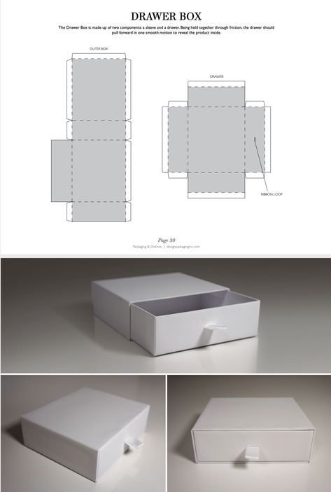 The Drawer Box is made up of two components: a sleeve and a drawer. Being held together through friction, the drawer should pull forward in one smooth motion to reveal the product inside.#packaging design #packaging_dieline #dielines #design #shopping_bag#RIGID_BOXES Product Packaging Template, Drawer Packaging Design, Diy Box From Paper, Diy Packaging Box Ideas, Pull Out Box Packaging, Cardboard Box Design Packaging, Make Boxes Out Of Paper, Package Box Template, In A Box