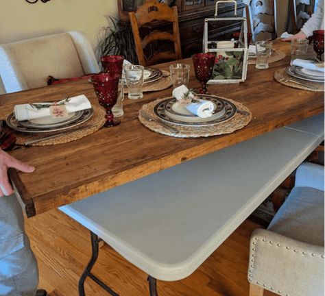 DIY Wood Folding Table Topper - From Plastic Folding Table to Beautiful Wood Table | Living Rich With Coupons® Tables, Diy Furniture, Wood Folding Table, Wood Table Diy, Diy Wood Table, Wood Table, Diy Furniture Hacks, Folding Table, Diy Woodworking