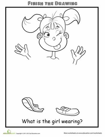 Worksheets: Finish the Drawing: What is the Girl Wearing? Colouring Pages, Pre K, Worksheets, Art Lessons, Crafts, Worksheets For Kids, Activities, Art Therapy Activities, Drawing For Kids