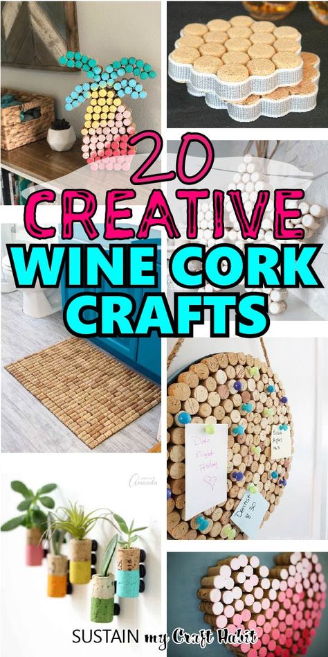 From decorative wall art, signs, jewelry organizers, hot pads and more, these easy and creative wine cork crafts will get you inspired! All include easy step-by-step tutorials on how to make the project ideas. #sustainmycrafthabit Upcycling, Wine Cork Crafts, Wine Bottle Crafts, Diy, Crafts, Wine Cork Diy Projects, Wine Cork Diy Crafts, Wine Cork Diy, Bottle Crafts