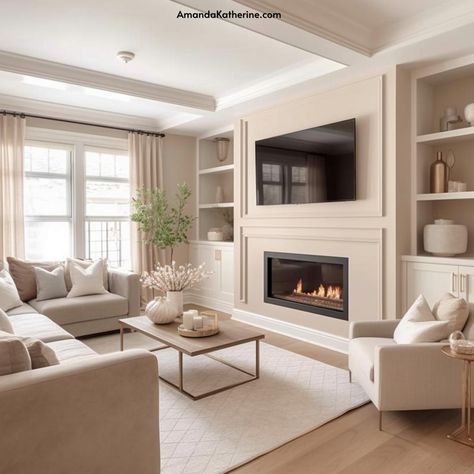 31 Stunning Fireplace Wall Ideas with a TV for your Living Room - Amanda Katherine Feature Wall Living Room, Living Room Built Ins, New Living Room, My New Room, Living Room Neutral, Beige Sofa Living Room, Kitchen Feature Wall, Tv Feature Wall, Feminine Living Room