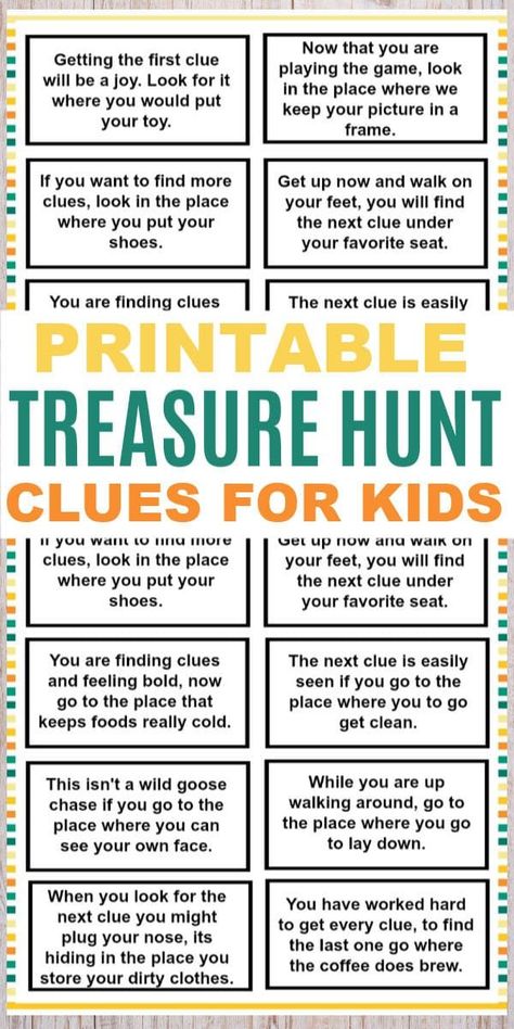 These printable treasure hunt clues for kids are a fun and easy kids activity. The clues are great for any family to use for a fun family activity. #printables #treasurehunt #kidsactivities Play, Montessori, Pre K, Clues For Scavenger Hunt, Kids Scavenger Hunt Clues, Kids Treasure Hunt Clues, Scavenger Hunt For Kids, Toddler Scavenger Hunt, Scavenger Hunt Games
